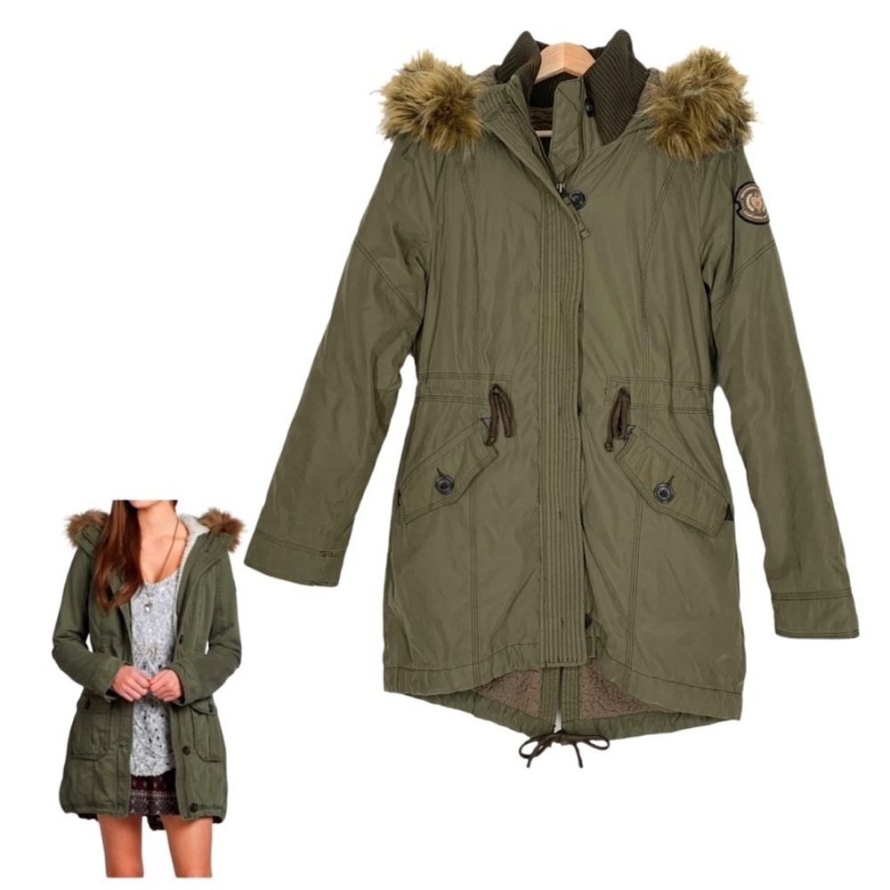 Abercrombie & Fitch Sherpa Lined Military Parka Coat Army Green Size Medium